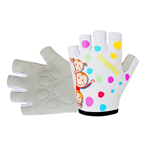 Kids Bike Gloves, Padded Grip Palm Fingerless Gloves for 2-10 Years Boys and Girls Cycling Balance and Pedal Bicycles Scooter Skateboard Outdoor Recreation (White, Medium(Palm 6.7'))