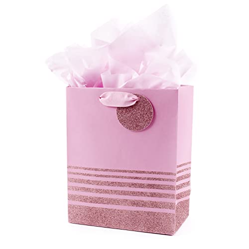 Hallmark 9' Medium Gift Bag with Tissue Paper (Pink Glitter Stripes) for Valentines Day, Birthdays, Baby Showers, Bridal Showers or Any Occasion
