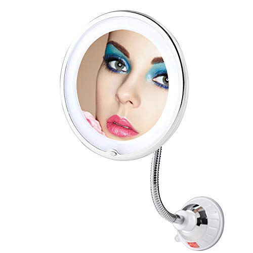 TOP4EVER Flexible 10X Magnifying Suction Mirror, Dimmable LED Lighted Power Locking Suction Cup with Day Light and 360 Degree Swivel, Portable Vanity Mirror for Home Bathroom