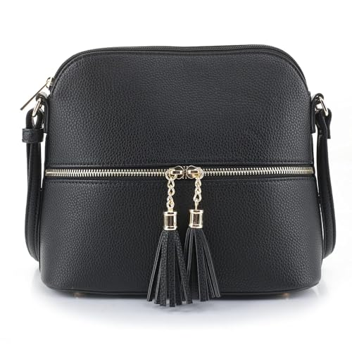 SG SUGU Lunar Lightweight Medium Dome Crossbody Bag Shoulder Bag with Double Tassels | Zipper Pocket | Adjustable Strap|Black