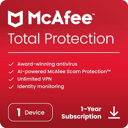 McAfee Total Protection 2024 | 1 Device | Cybersecurity Software Includes Antivirus, Secure VPN, Password Manager, Dark Web Monitoring | Download