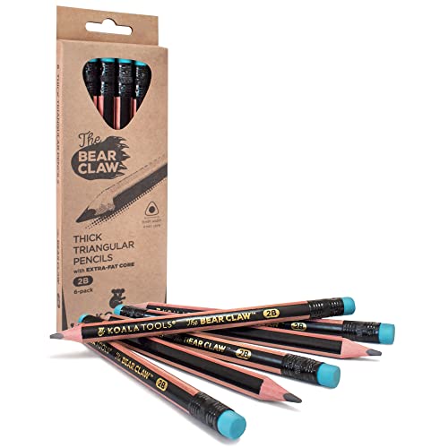 KOALA TOOLS | Bear Claw Pencils 1-Pack (6 Pencils) - Fat, Thick, Strong, Triangular Grip, Graphite, 2B Lead with Eraser - Suitable for Kids, Art, Drawing, Drafting, Sketching & Shading