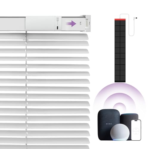Motorized Blinds Smart Blinds with Remote Control Solar Powered Blinds Window Blinds Cordless Automatic Blinds Electric Blinds Windows Light Filtering Compatible with Google Alexa,White 25' Wx64 H