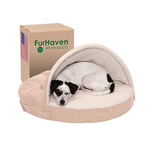 Furhaven 26' Round Orthopedic Dog Bed for Medium/Small Dogs w/ Removable Washable Cover, For Dogs Up to 30 lbs - Sherpa & Suede Snuggery - Cream, 26-inch