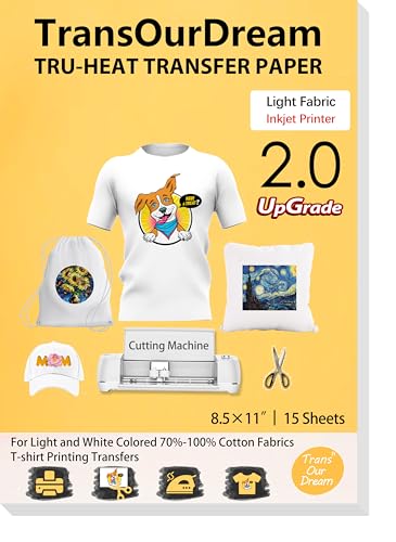 TransOurDream Upgraded Iron on Heat Transfer Paper for T Shirts (8.5x11'', 15 Sheets) Iron-on Transfers Paper for Light Fabric Printable Heat Transfer Vinyl for Inkjet Printer (TOD-4-15)