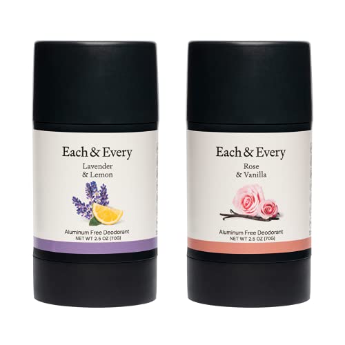 Each & Every 2-Pack Natural Aluminum-Free Deodorant for Sensitive Skin with Essential Oils, Plant-Based Packaging (Lavender & Lemon, Rose & Vanilla, 2.5 Ounce (Pack of 2))