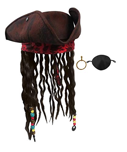 Nicky Bigs Novelties Adult Deluxe Pirate Hat with Dreadlocks Hair Braids Eye Patch Earring - Caribbean Buccaneer Tricorn Pirate Hat - Pirate Costume Accessories Set, Adjustable Size Brown