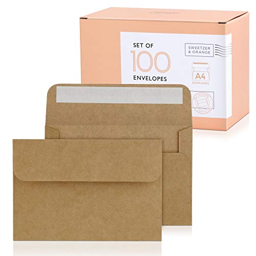 Sweetzer & Orange, A4 Brown Envelopes Self Seal. 100x Envelope and Box. Mailing Envelopes 4x6 (4.25 x 6.25 in.) Kraft 150gsm Self Sealing Envelopes, Blank 4x6 Envelopes for Invitations and Wedding