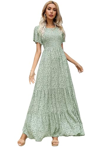 Women's Spring Dresses 2024 Summer Dress Flutter Short Sleeve Round Neck Ruffle Tiered Smocked Floral Maxi Dress Green Floral M