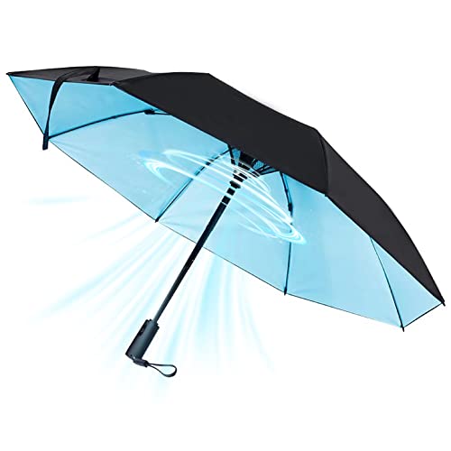 WOOLALA UV Sun Umbrella with Fan, Portable Cooling Fan Umbrella UPF 50+ Foldable Umbrella for Sun & Rain, USB Rechargeable Travel Umbrella Personal Fan for Heatstroke, Hot Days