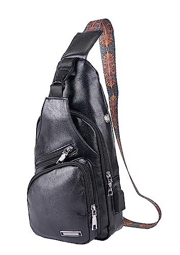 JUMO CYLY Mens Sling Bag, Leather Sling Bag with USB Charging Port Waterproof Shoulder HikingTravel Body Chest Crossbody Bag Casual Daypack Backpack