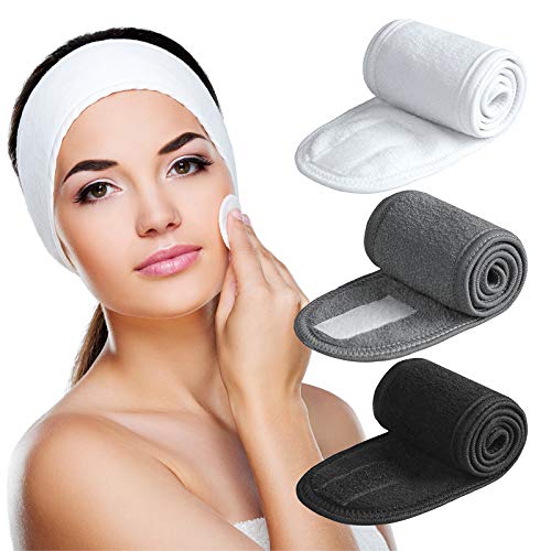 Denfany Spa Headband 3 Pack Ultra Soft Adjustable Face Wash Headband Terry Cloth Stretch Make Up Wrap for Face Washing, Shower, Facial Mask, Yoga (Black + White + Grey)