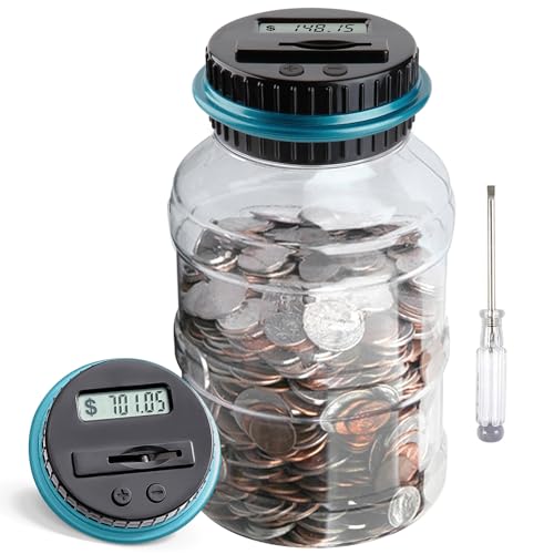 Large Piggy Bank for Boys Adults, Vcertcpl Digital Coin Counting Bank with LCD Counter, 1.8L Capacity Coin Bank Money Jar for Adults, Designed for All US Coins (Blue)
