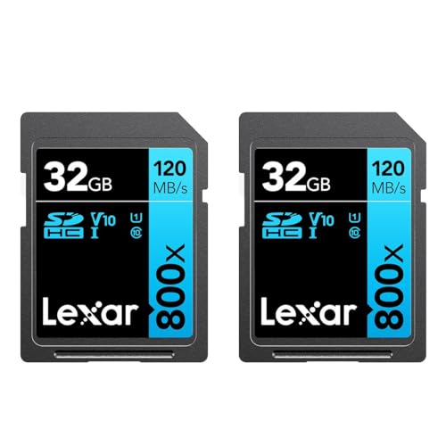 Lexar High-Performance 800x 32GB (2-Pack) SDHC UHS-I Memory Cards, C10, U1, V10, Full-HD & 4K Video, Up to 120MB/s Read, for Point-and-Shoot Cameras, Mid-Range DSLR, HD Camcorder (LSD0800032G-B2NNU)
