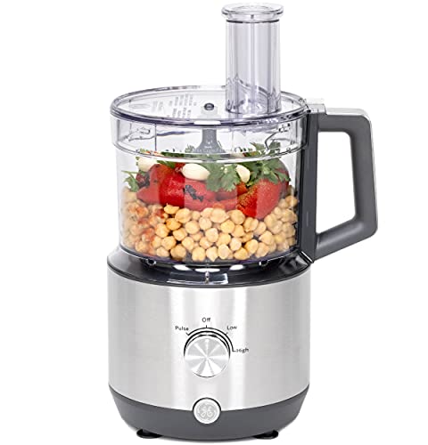 GE Food Processor |12 Cup | Complete with 3 Feeding Tubes & Stainless Steel Accessories-3 Discs + Dough Blade | 3 Speed | for Shredded Cheese, Chicken & More | Kitchen Essentials | 550 Watts