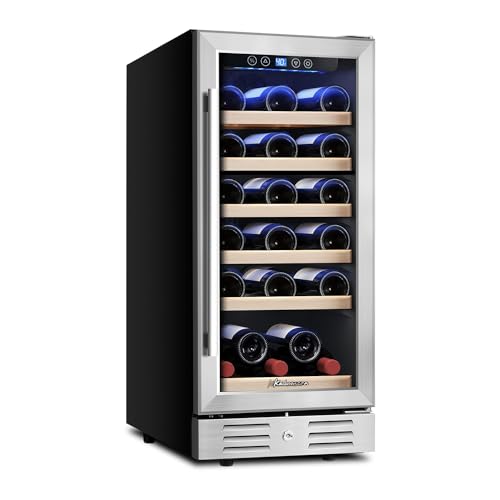 Kalamera Mini Fridge 15' Wine Cooler Refrigerator - 30 Bottle Wine Fridge with Stainless Steel Refrigerator& Double-Layer Tempered Glass Door and Temperature Memory Function Built-in or Freestanding