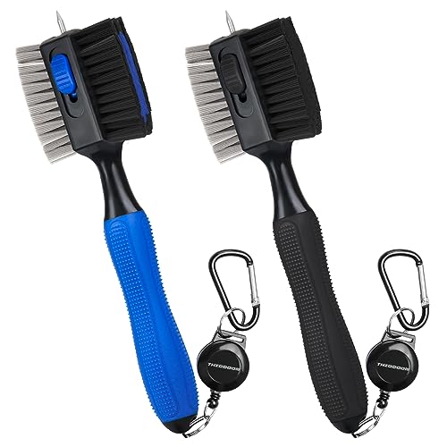 THIODOON 2 Pack Golf Club Cleaner Brush with Retractable Spike 2FT Extension Cord and Carabiner Lightweight Golf Club Groove Cleaning Brush Tool for Irons and Woods Comfortable Handle Grip