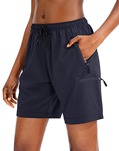 SANTINY Women's Hiking Cargo Shorts Quick Dry Lightweight Summer Shorts for Women Travel Athletic Golf with Zipper Pockets(Navy_L)
