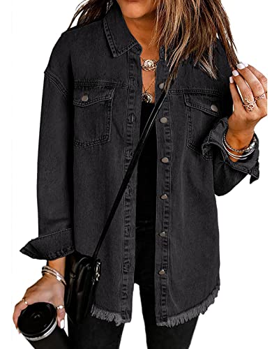 Vetinee Oversized Boyfriend Denim Jean Jacket for Women - Black, Front Button, Raw Hem, Long Sleeve, Pockets - Size 16, 18