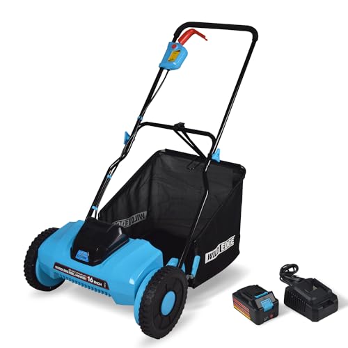 Wild Edge Reel Mower Battery Powered, 16-Inch 20-Volt Lithium-Ion Cordless Electric Reel Lawn Mower Kit, 4.0 Ah High-Capacity Battery and Desktop Charger Included