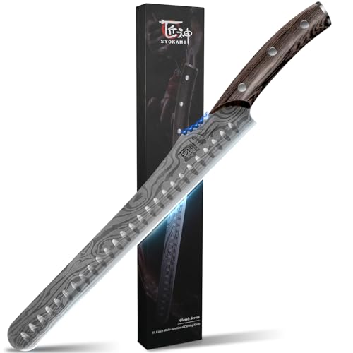 SYOKAMI Multifunction Carving Knife, 12 Inch High-Carbon Japanese Style Brisket Knife with Wood Handle, Damascus Pattern Full Tang Design, Razor Sharp Slicing Knife for Meat Cutting with Gift Box