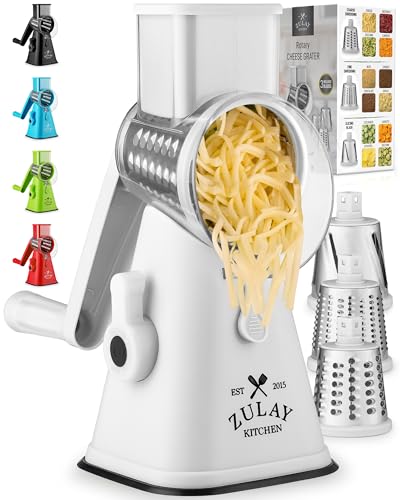 Rotary Cheese Grater with Upgraded, Reinforced Suction - Round Cheese Shredder Grater with 3 Replaceable Stainless Steel Drum Blades - Easy To Use & Clean - Vegetable Slicer & Nut Grinder (White)