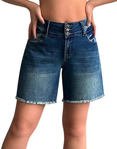 roswear Women's High Waisted Denim Shorts Casual Summer Frayed Hem Long Shorts Baggy Stretchy Jean Shorts Wide Leg Shorts Blue Large