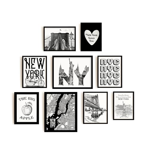 Set 9 Black White New York Wall Art - Funky Decor NYC Wall Art, New York City Wall Art Funky Wall Decor, Travel Wall Art Black And White Posters Trendy Decor (8x10 in UNFRAMED)