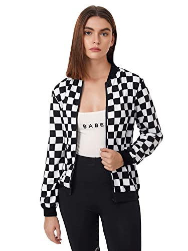 WDIRARA Women's Zip Front Plaid Print Long Sleeve Stand Collar Casual Jacket Black and White XL