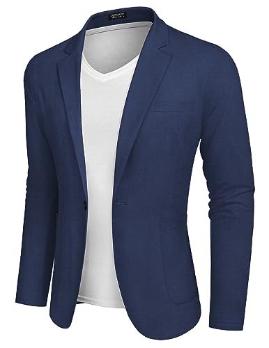 COOFANDY Men's Linen Blazer Lightweight Regular Fit Casual Sport Coat One Button Suit Jacket Navy Blue