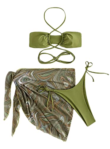 Hilinker Women's Criss Cross Halter Bikini Set Tie Side 3 Piece Swimsuit with Coverup Beach Skirt Green Small