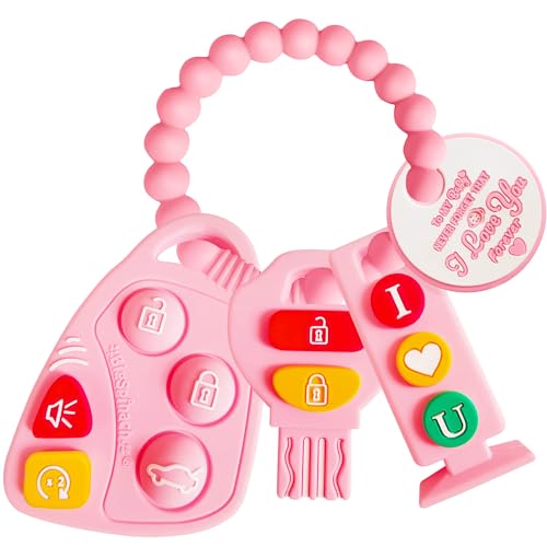 BIGSPINACH Baby Teething Keys Toys 6 to 12 Months,Gothic Car Keys Baby Teether Combo Set,Car Key Remote Toy Controller for Toddler (Key, Pink)