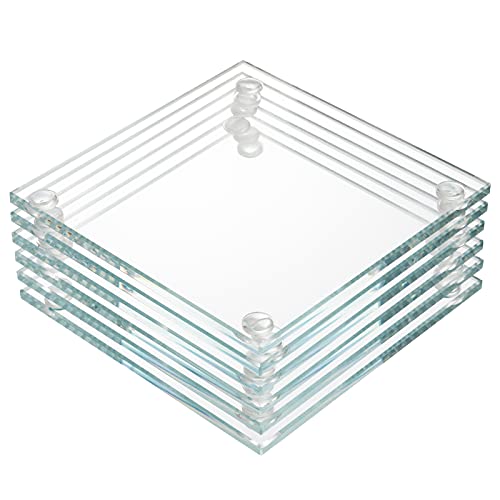 YOUEON Set of 6 Square Glass Drink Coasters, 3.5'x3.5' Crystal Clear Coasters for Drinks, Decorative Glass Plates for Mugs, Cups, Dining Tables, Office, Kitchen, Home Decor and Parties