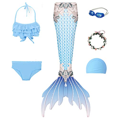 Gesikai01 6PCS Set Swimsuit Girls Mermaid Tails for Swimming Bathing Suit Swimwear Swimsuit Bikini Set Mermaid Costume (5-6 Years, E315)