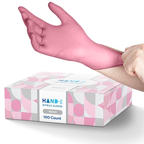 Hand-E Touch Pink Nitrile Disposable Gloves Medium, 100 Count - Esthetician, Nail Tech, Microblading, Hair Dye & Stylist, Salon, Cleaning Gloves - Latex Free Gloves