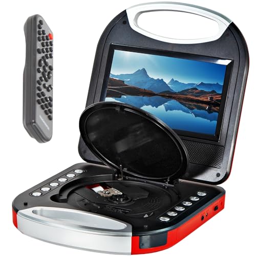 Magnavox MTFT750-RD Portable 7 inch TFT DVD/CD Player with Remote Control and Car Adapter in Red | Rechargeable Battery | Headphone Jack | Built-in Speakers |