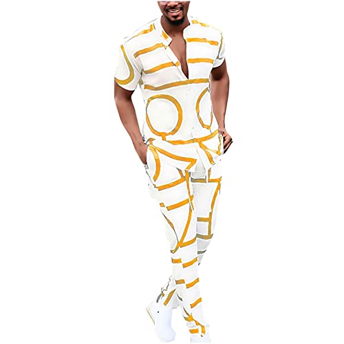 lightning deals of today prime clearance Men's Short Sets Outfits 2 Piece Summer Tracksuit Short Sleeve Print Shirts and Pant Set Running Sweatsuit Set men's 2 pieces 80s 91s outfit retro Yellow L