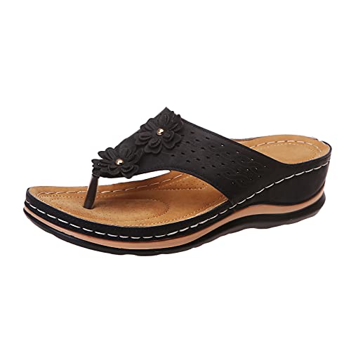 Womens Flat Slide Sandals Slip on Slides Shoes Non Slip Rubber Sole with Comfortable Plantar Fasciitis Support Platform Flip Flops Flat Black_10, 7
