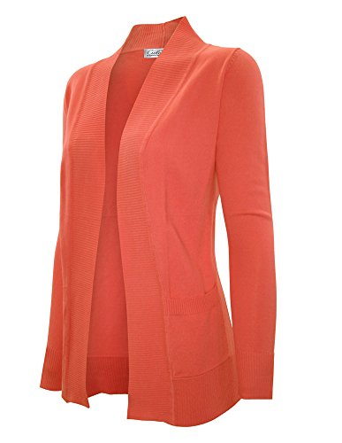 Cielo Women's Solid Basic Open Front Pockets Knit Sweater Cardigan Orange M