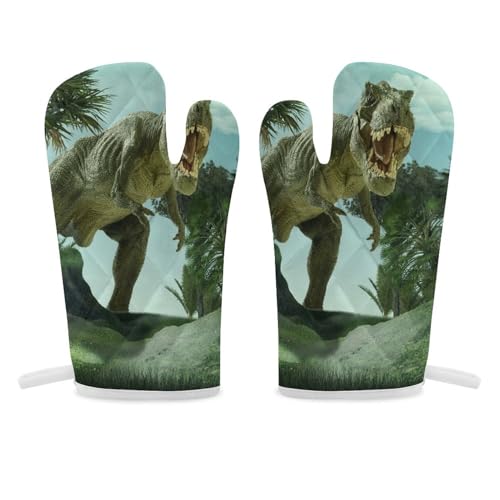 Giant Dinosaur Destroying The Park in Green Forest 2-Piece Kitchen Oven Gloves, Double Thickened Gloves with Hanging Loop Mittens for Men Women Home Cooking 11.8 x 5.5 inch