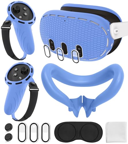 Silicone Cover Set Compatible with Oculus/Meta Quest 3 Accessories, Touch Controller Grips Cover, VR Shell Cover, Facial Interface Cover, Protective Lens Cover, Tempered Glass Lens Caps (Blue)