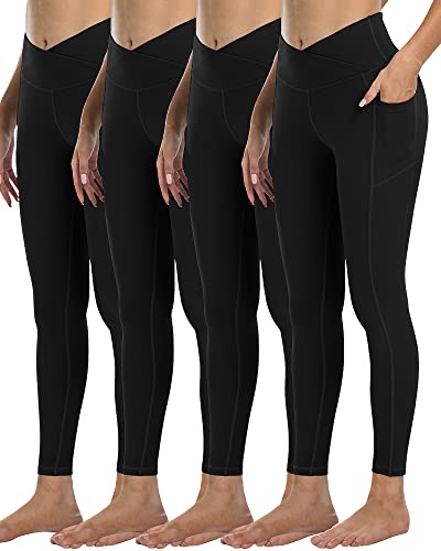 YOUNGCHARM 4 Pack Leggings with Pockets for Women,V Crossover High Waist Tummy Control Workout Yoga Pants,4Black-L