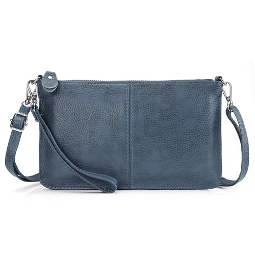 befen Genuine Leather Wristlet Clutch Wallet Purses Small Crossbody Bags Shoulder Handbag for Women, Silver Zipper-Vintage Blue