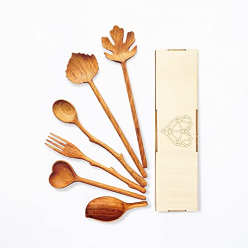 Natural Wooden Spoons and Forks Set (Set of 6), Mother's Day Gifts for Mom from Daughter, Son, Cooking Gifts for Mom, Mom Gifts for Grandma, Kitchen Cottagecore