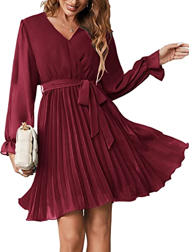 Maroway Womens Dresses for Wedding Elegant Cocktail Long Sleeves Fall A-Line Mini Dress Red Medium