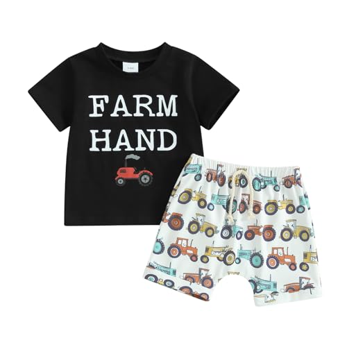 LAGKIYOJ Country Baby Boy Clothes Truck&Farm Hand Printed Short Sleeve T Shirt Jogger Shorts Set Toddler Boy Summer Clothes (Farm Truck, 6-12 Months)