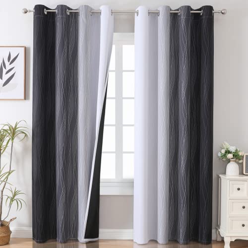 Estelar Textiler Thermal Insulated Blackout Curtains for Bedroom, Ombre Black and Greyish White Blackout Drapes for Living Room, Gradient Full Light Blocking Energy Saving Curtains, 52Wx84L, 2 Panels