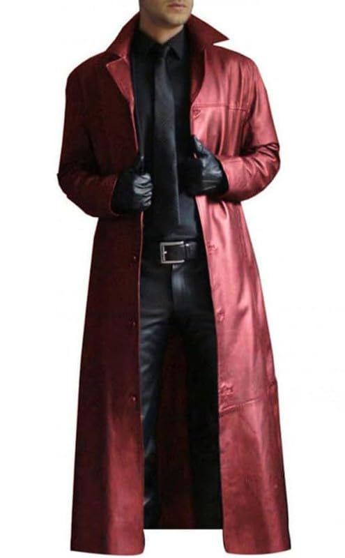 Mens Leather Trench Coat Full Length Red Classic Faux Leather Long Coat