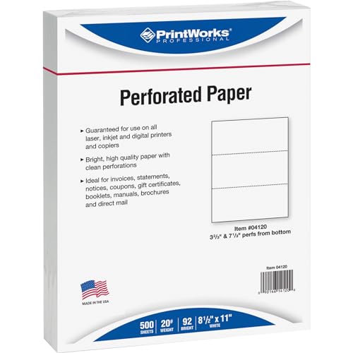 PrintWorks Professional Paper, 8.5 x 11, 20 lb, 2 Horizontal Perfs 3.66' and 7.33', 500 Sheets, White (04120)
