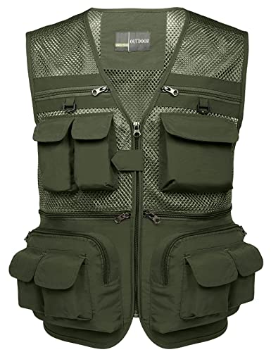 Flygo Zhusheng Men's Mesh 16 Pockets Photography Fishing Travel Outdoor Quick Dry Vest Breathable Waistcoat Jackets (Large, Army Green)